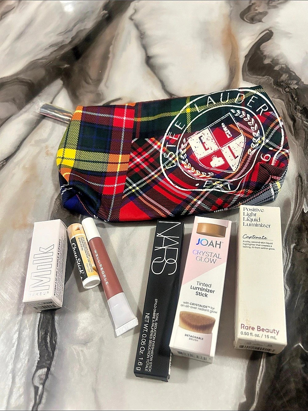 Estée Lauder Tartan Plaid Cosmetic Bag Multicolor with Makeup NWT